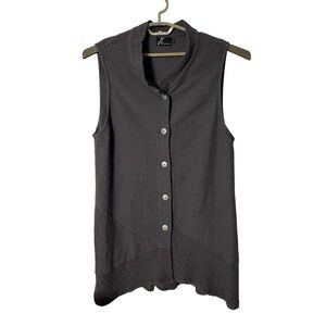 Fenini Textured Long Vest Top Womens LG Gray Button Front Minimalist Lagenlook